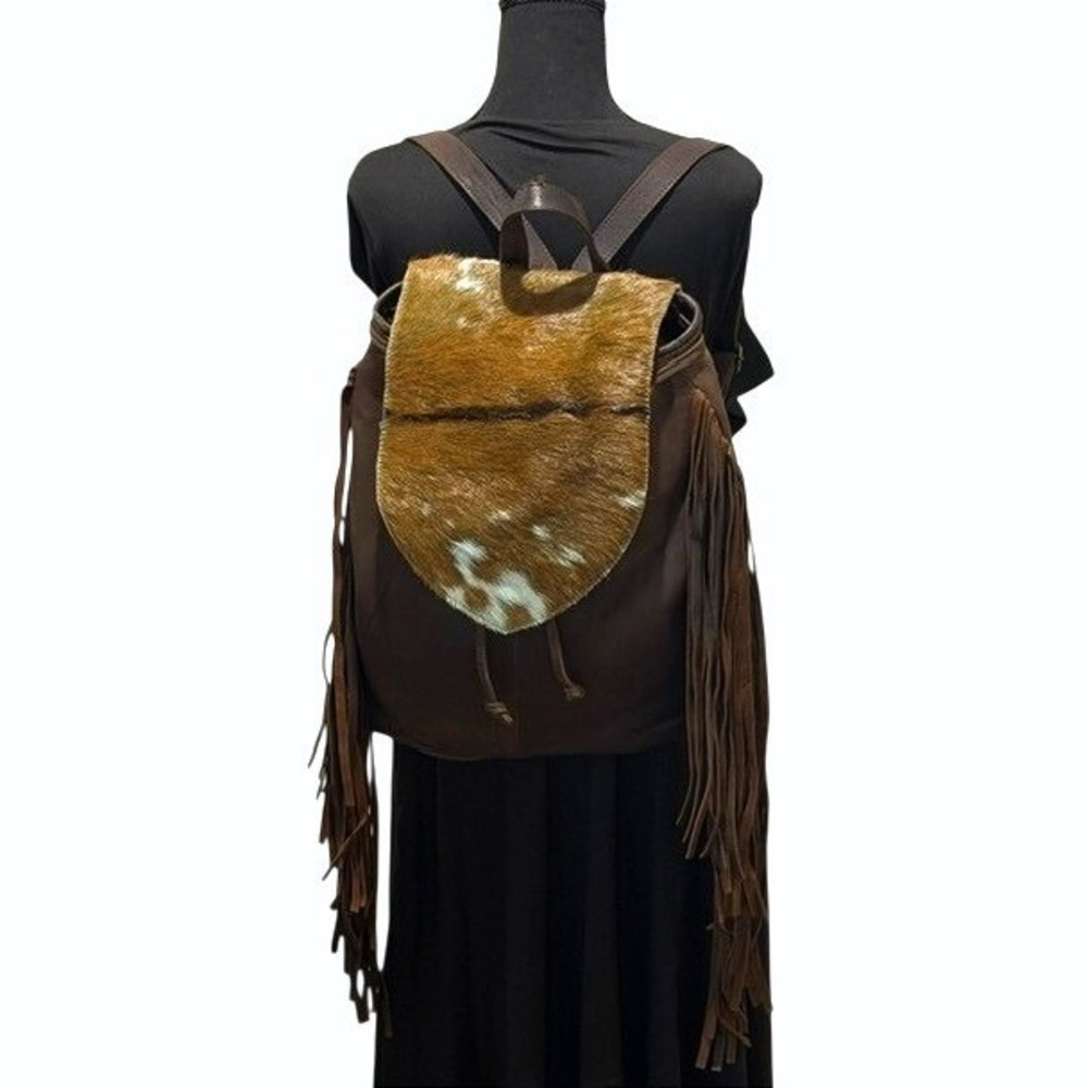 American Darling Brown Leather Blue tint Cowhide Fringe Western Backpack Bag